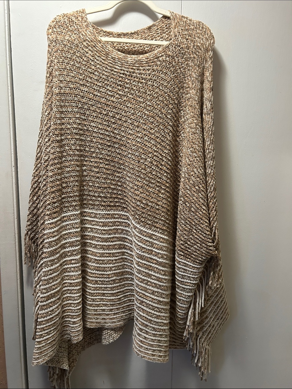 Beige Knit Fringe Pullover poncho with sleeves
